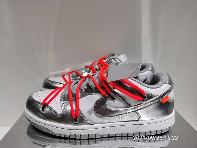 Off-White x Nike SB Dunk Low Silver MetallicWhite-Solar Red CT0856-800  - 1