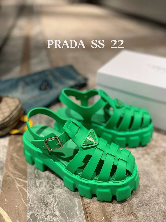 PRADA Foam Triangle Logo Sandals Green  - 1