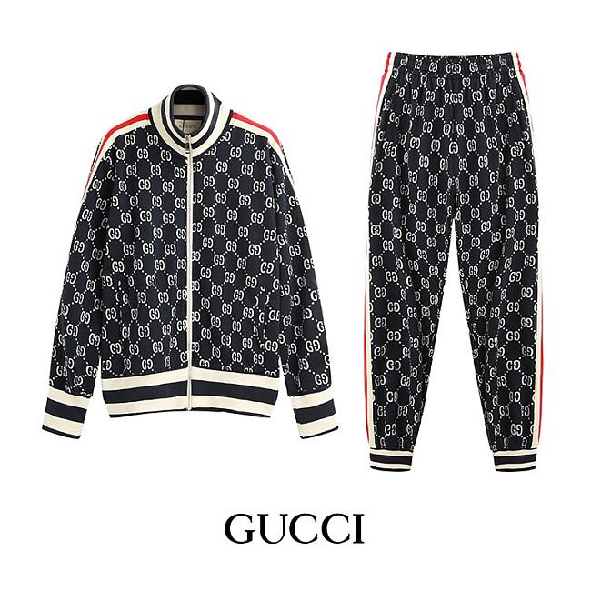 Gucci Double G Blue Knitted Jacquard Full-Print Logo stand-up collar Suit - 1