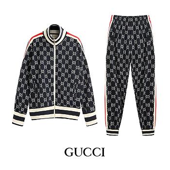 Gucci Double G Blue Knitted Jacquard Full-Print Logo stand-up collar Suit