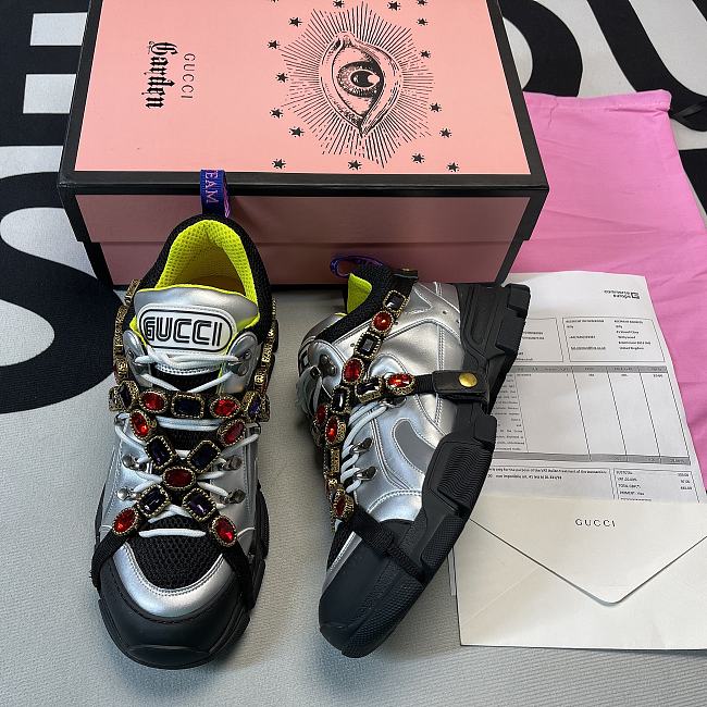 Gucci Flashtrek Sneakers With Removable Crystal Silver - 1