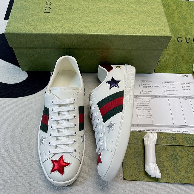 Gucci Ace Stars Low Top Sneakers White & Metallic Leather - 1