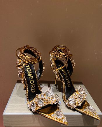 TOM FORD Metallic Crystal Ankle-tie Sandals In Gold + Crystal