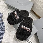 Balenciaga Women Furry Slide Sandal in black fake shearling white Political Campaign embroideries Black 654261W2DO11096 - 1