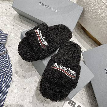 Balenciaga Women Furry Slide Sandal in black fake shearling white Political Campaign embroideries Black 654261W2DO11096