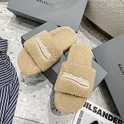 Balenciaga Women Furry Slide Sandal in black fake shearling white Political Campaign embroideries Beige - 1