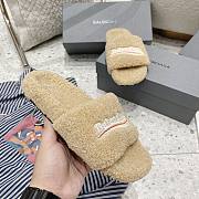 Balenciaga Women Furry Slide Sandal in black fake shearling white Political Campaign embroideries Beige - 2