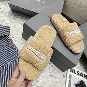 Balenciaga Women Furry Slide Sandal in black fake shearling white Political Campaign embroideries Beige - 4