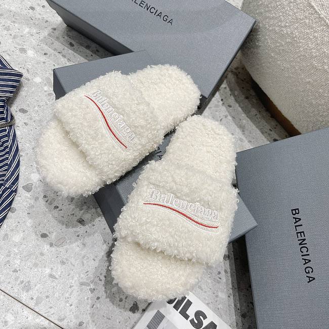 Balenciaga Women Furry Slide Sandal in black fake shearling white Political Campaign embroideries White - 1