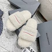 Balenciaga Women Furry Slide Sandal in black fake shearling white Political Campaign embroideries White - 1