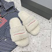 Balenciaga Women Furry Slide Sandal in black fake shearling white Political Campaign embroideries White - 6