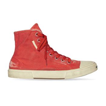 Balenciaga Women's Paris High Top Sneaker in red destroyed cotton and white rubber 688756W3RC16090