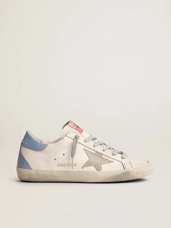 Super-Star sneakers with sky-blue laminated leather heel tab and ice-gray suede star