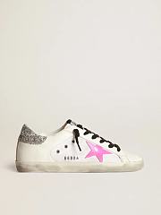 Golden Goose Super-Star sneakers in white leather and canvas with shocking-pink leather star and silver glitter - 1