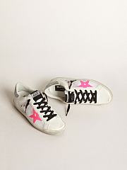 Golden Goose Super-Star sneakers in white leather and canvas with shocking-pink leather star and silver glitter - 3