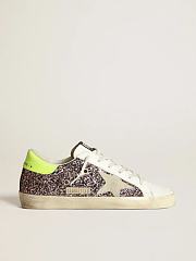 Golden Goose Super-Star sneakers in gray and pink glitter with ice-gray suede star and fluorescent yellow leather - 1