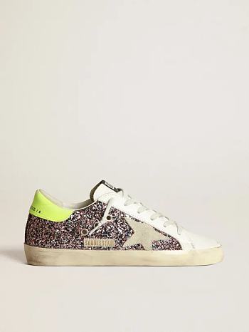 Golden Goose Super-Star sneakers in gray and pink glitter with ice-gray suede star and fluorescent yellow leather