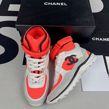 Chanel White/Orange Fabric And Leather CC High Top Sneakers 