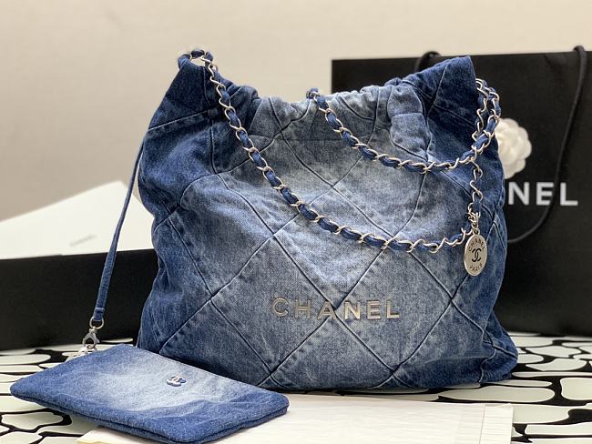 Chanel Large 22 Bag Faded Blue Denim Silver Hardware  - 1