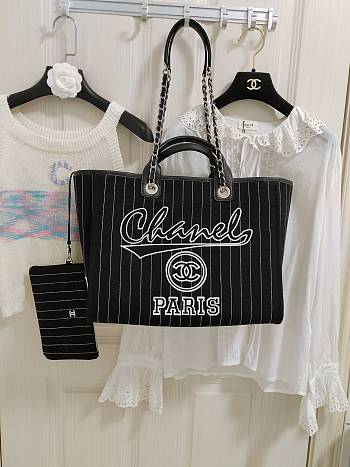 Chanel Large Deauville Shopping Bag Black and White Pinstripe Ruthenium Hardware