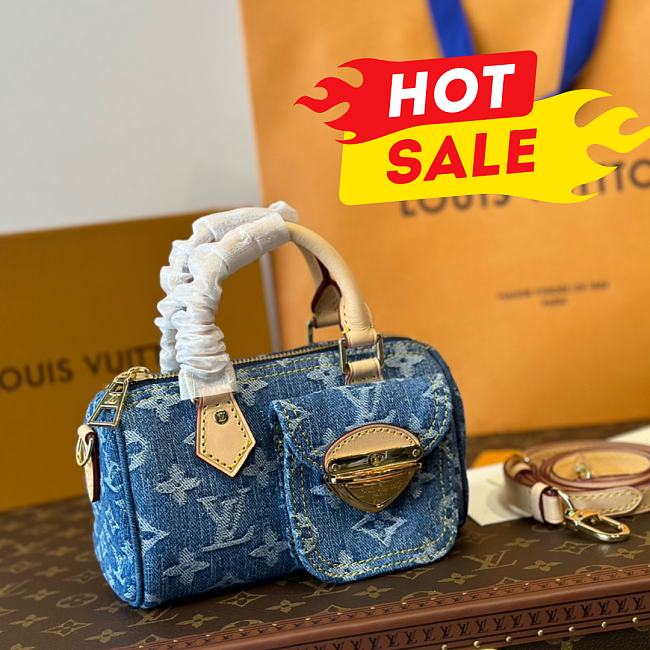 Louis Vuitton Nano Speedy Monogram Denim Women's Blue Bag 16cm x 9.5cm  - 1