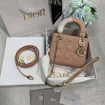 Dior M0505 Mini Lady Dior Bag Apricot Patent Cannage Calfskin Size 17cm x 15cm x 7 cm