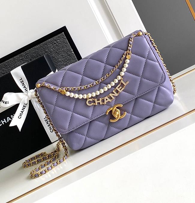 Chanel 24A Pearl Chain Flap Bag Purple 20cm x 7.5cm x 15cm - 1