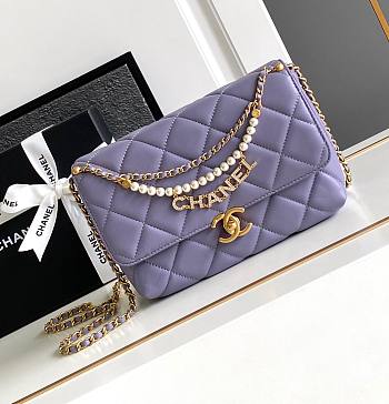 Chanel 24A Pearl Chain Flap Bag Purple 20cm x 7.5cm x 15cm