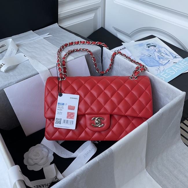 Chanel Classic Red Double Flap Bag Medium Lambskin Leather 25cm x 6cm - 1