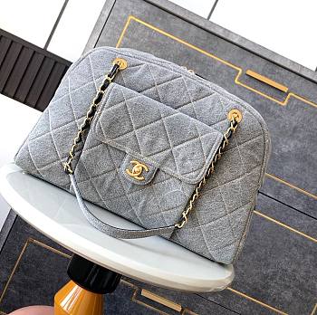 Chanel Maxi Bowling Bag Light Grey Washed Denim Antique Gold Hardware 40cm x 29cm x 15cm