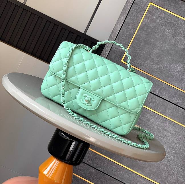 Chanel Mini Flap Bag with Top Handle Lambskin & Lacquered Metal Light Green 23cm - 1