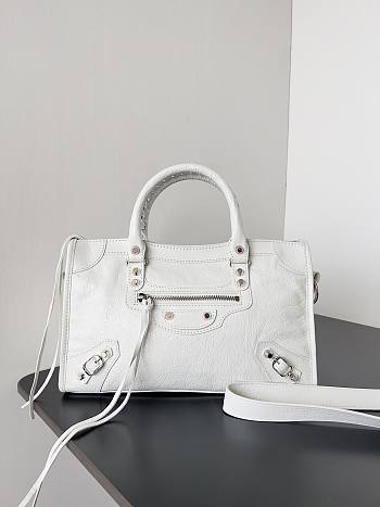 Balenciaga Le City Small Bag In White Arena Lambskin Shiny Silver Hardware Black 29.9*19.1*9.9cm