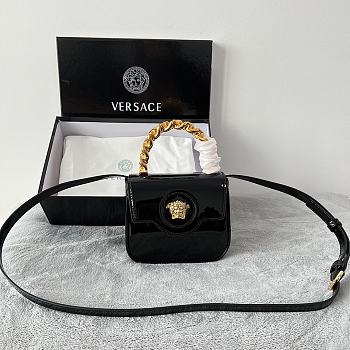Versace La Medusa Mini Black Patent Leather Top Handle Bag 16cm