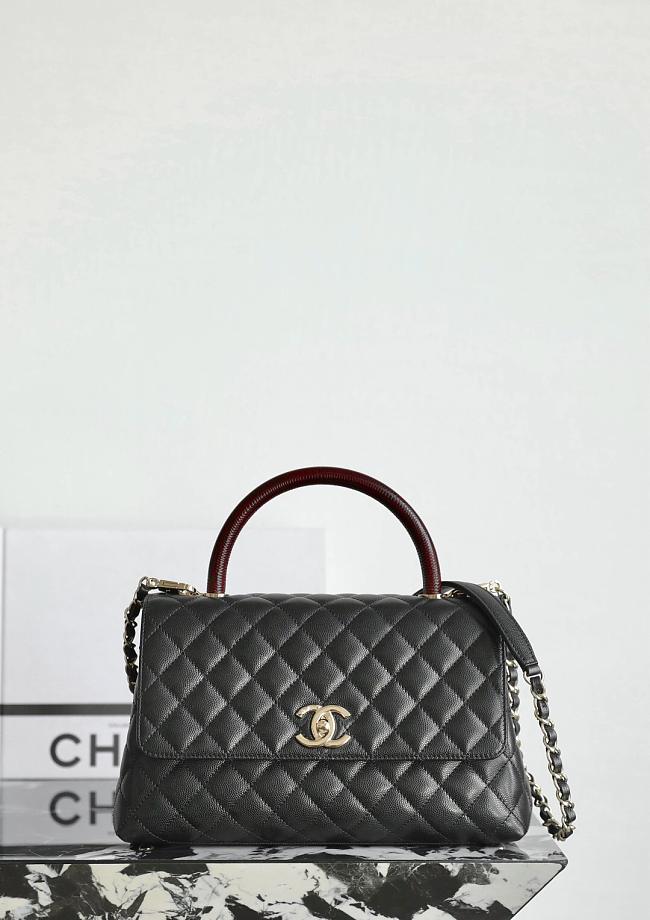 Chanel Black Quilted Caviar Leather and Lizard Embossed Small Coco Top Handle Bag 28.5x11x18cm - 1